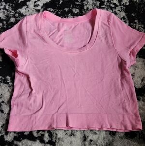 Pink Scoop Neck Short Sleeve Ribbed Workout Top